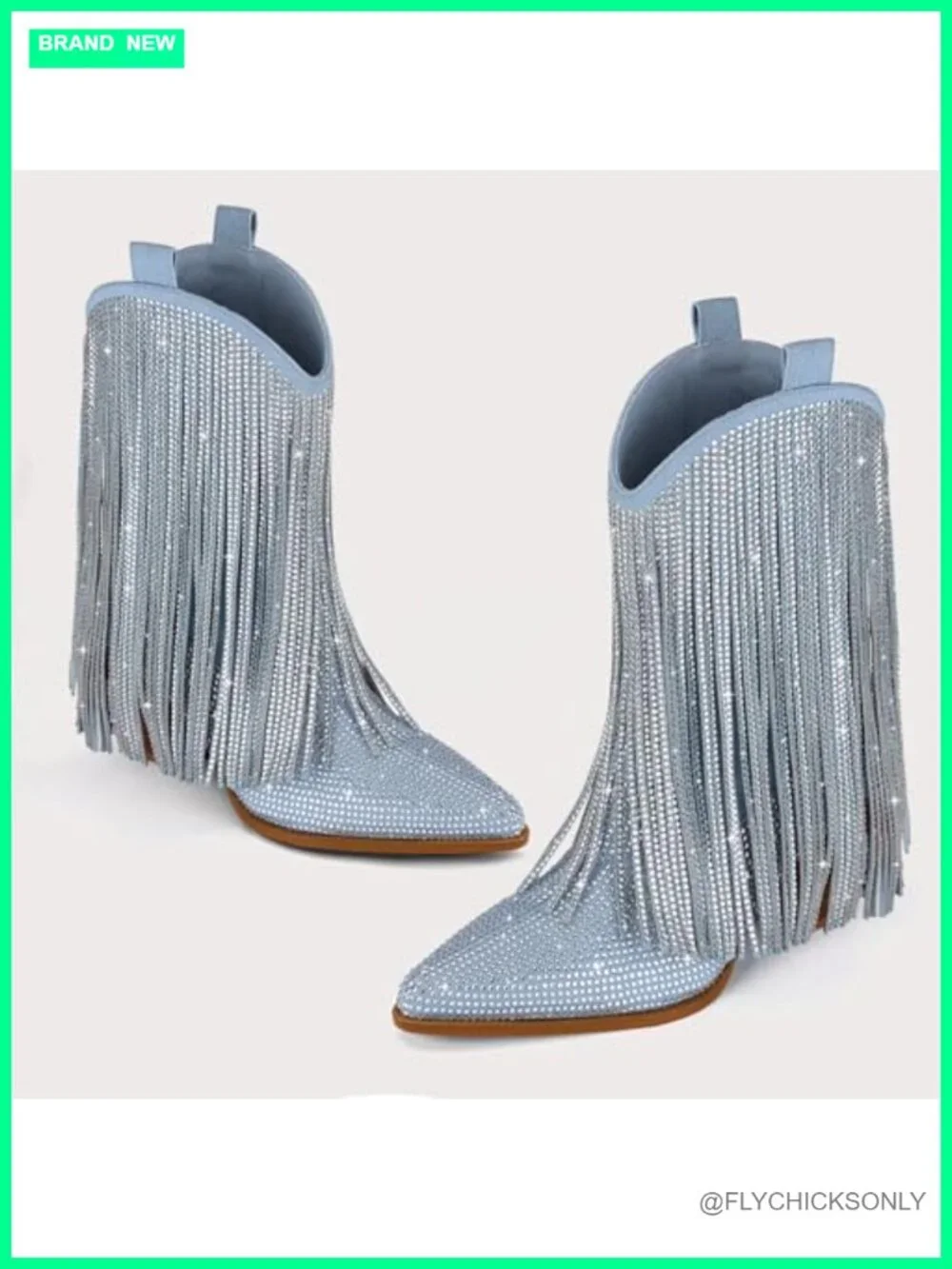 Cowgirl Rhinestone Fringe Chunky Heel Pointed Toe Mid Calf Boots Suede
